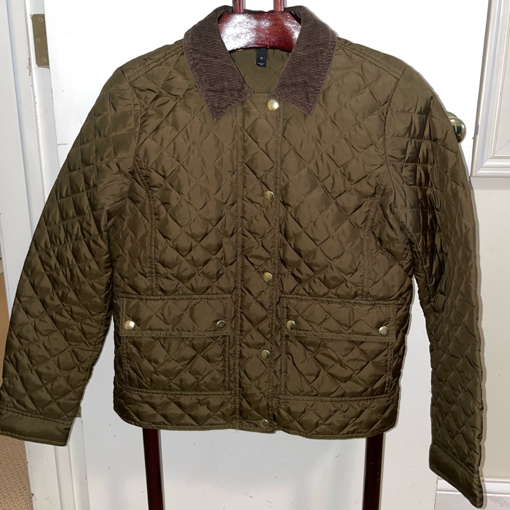 J. Crew Quilted Barn Jacket Corduroy Collar Olive Size M